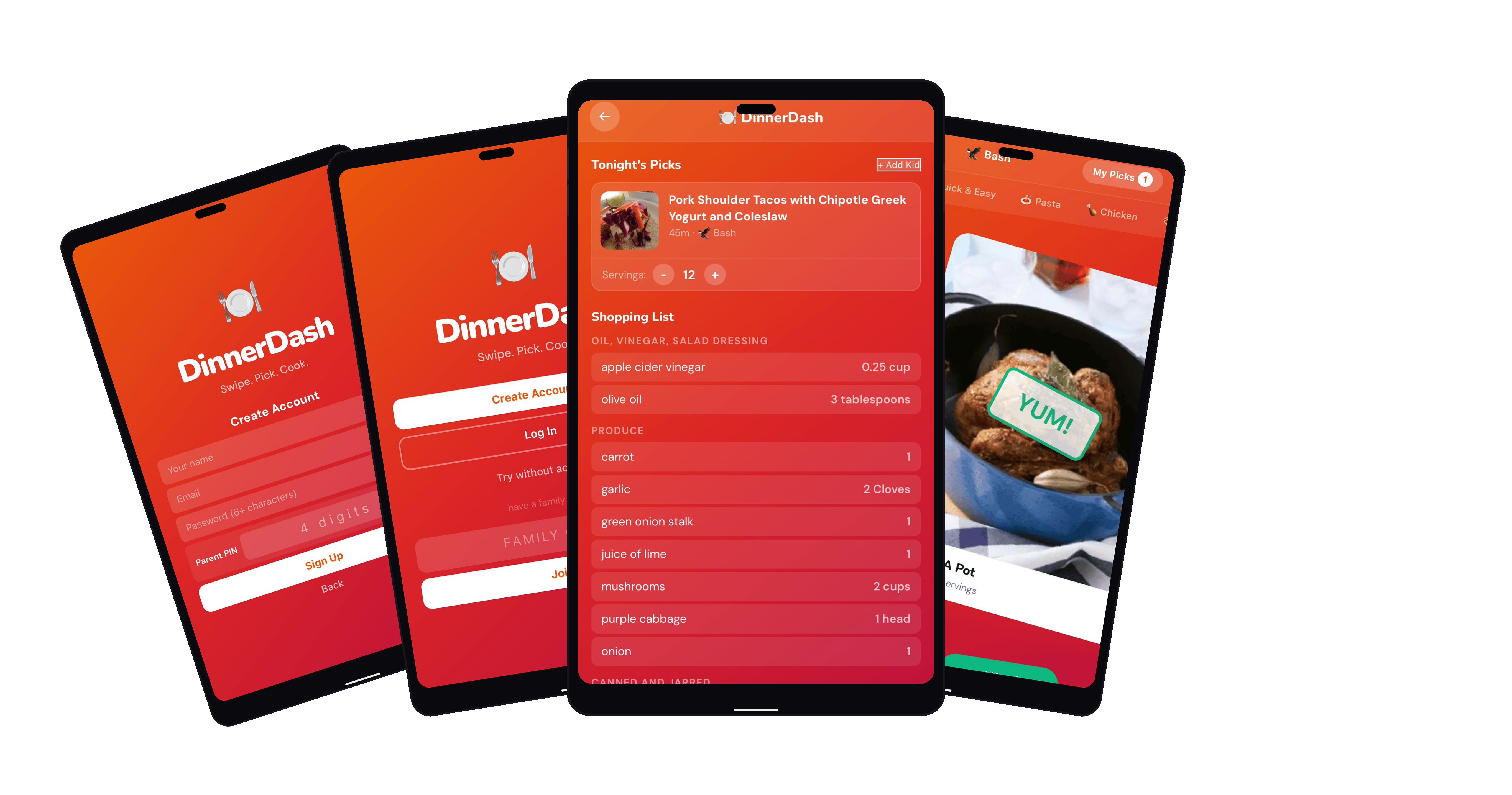 DinnerDash family meal planning app screenshots